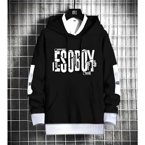 Men's Fleece Printed Full Sleeves Mens Hoodie- Black